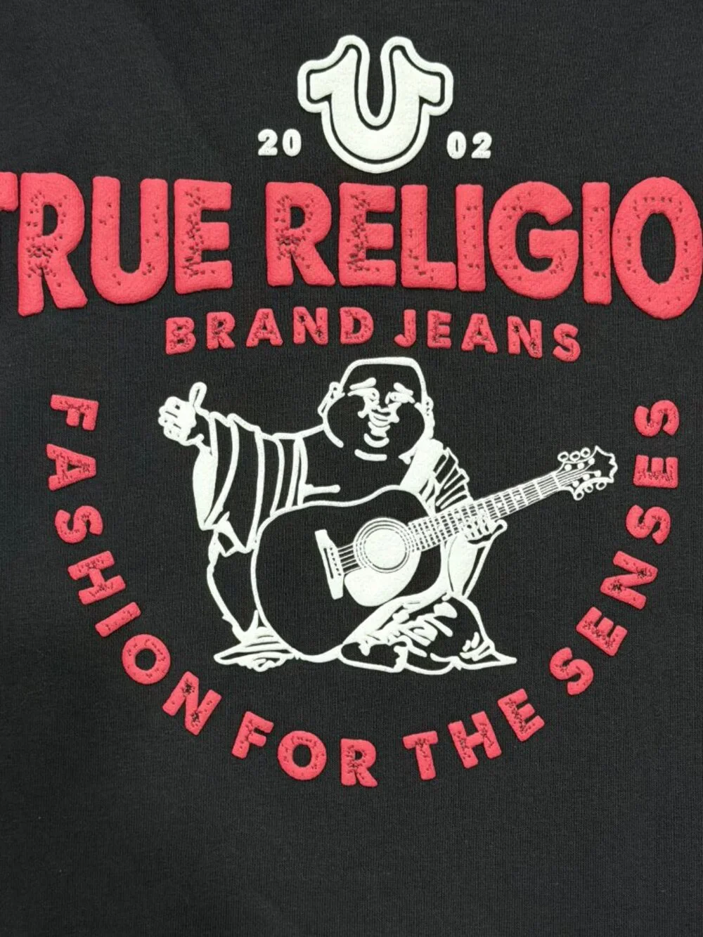 True Religion Mens TNL Puff Buddha Full Zip Hoodie Large L Black Red Stitch NWT